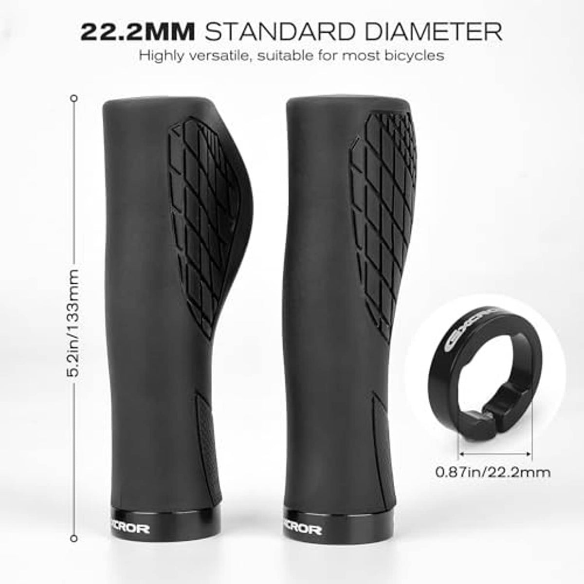 22.2mm standard black bike grips, contoured textured surface with metal locking ring