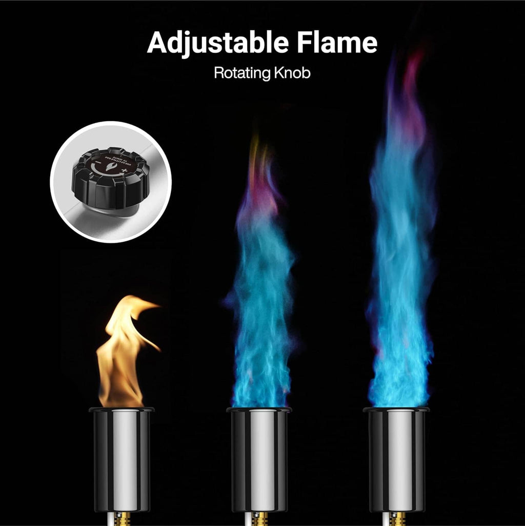 Adjustable propane torch showing rotating flame knob and three flame color levels