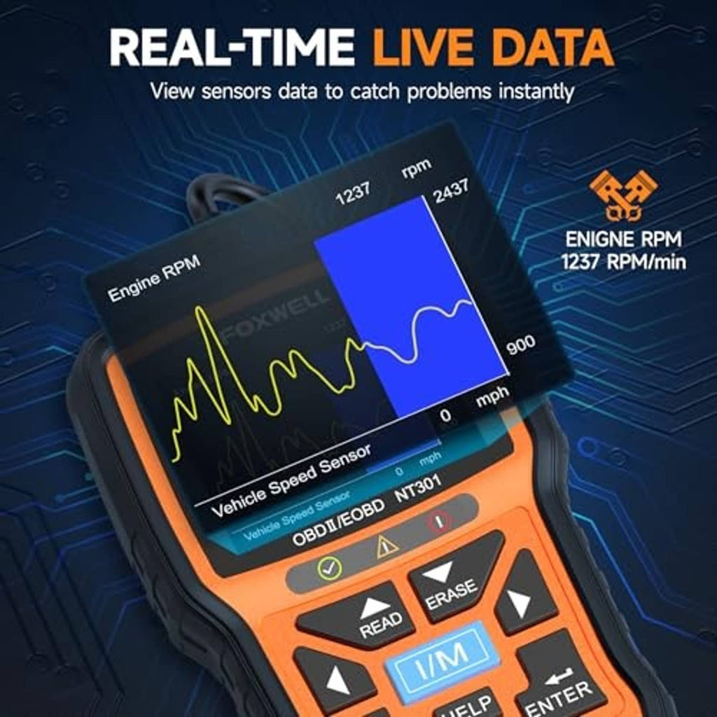 Orange OBD2 diagnostic scanner with live data waveform on screen and keypad buttons