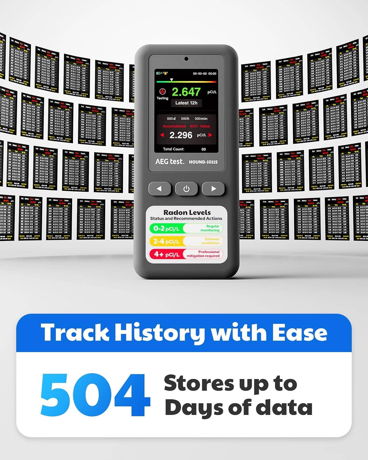 Grey radon detector with history display showing data storage up to 504 days
