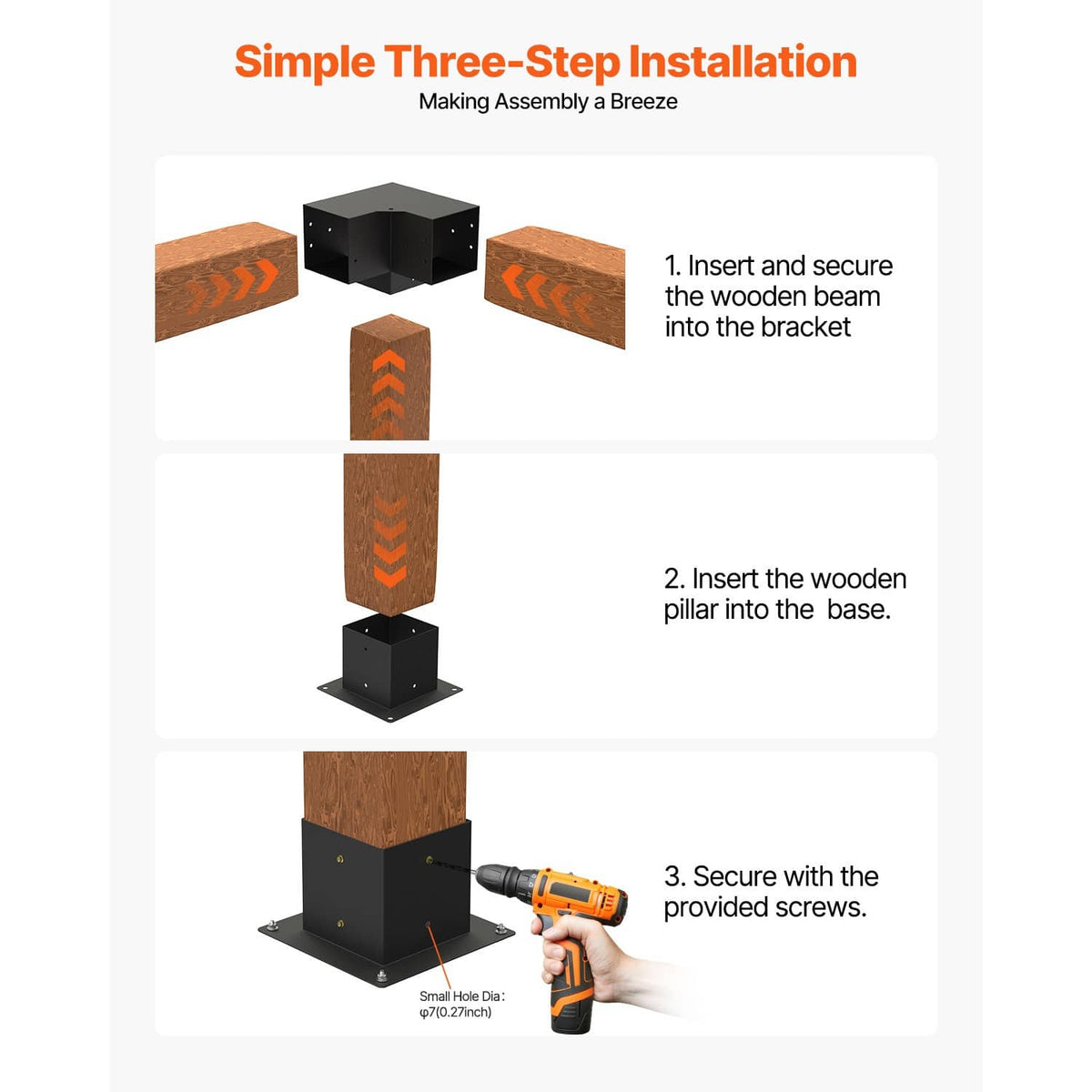 Inner 3-way corner bracket set shown with step-by-step installation pieces and screws