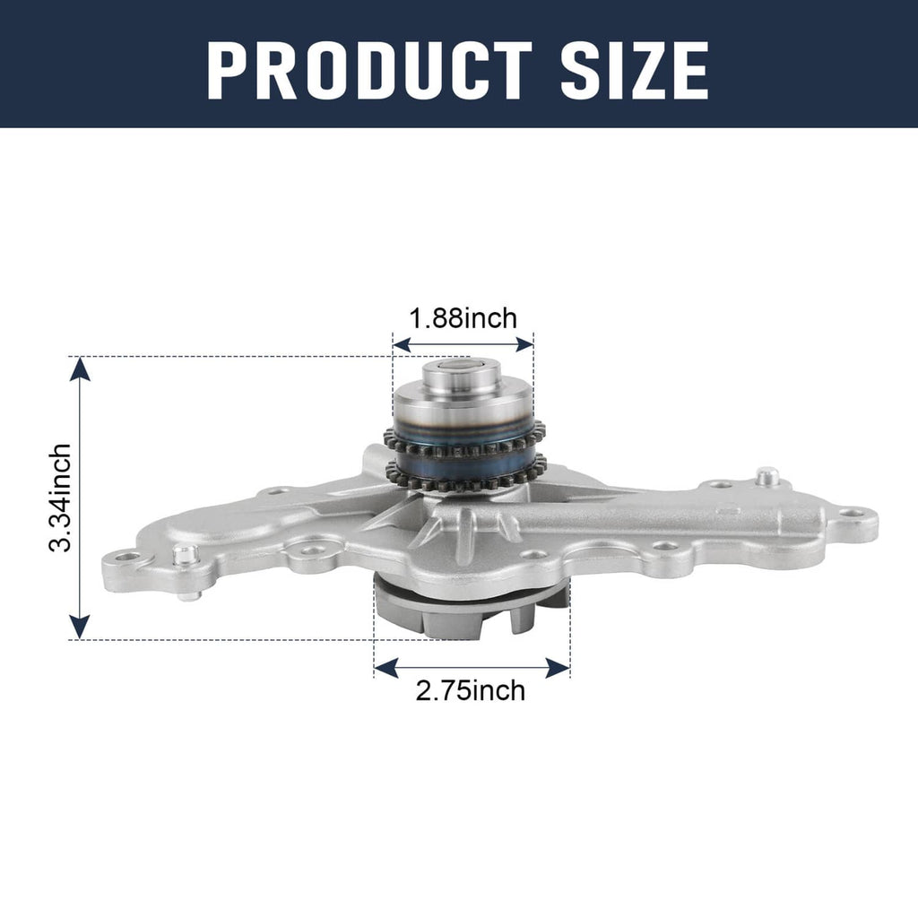 Water pump assembly with circular bearing and mounting flange, shown with dimensions.