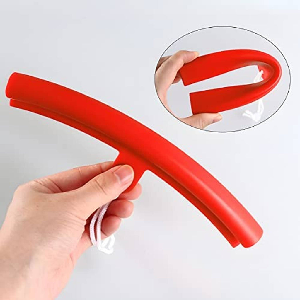 Red wheel rim protector strip held in hand with white tie loop