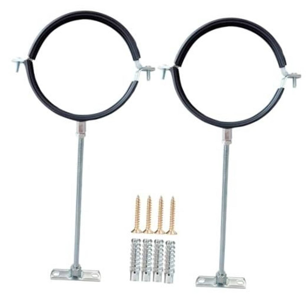 2-pack adjustable pipe hanger straps with black rubber loops, galvanized rods, base plates
