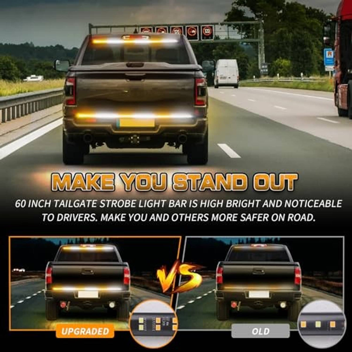 Truck rear strobe light bar flashing amber and white along the tailgate