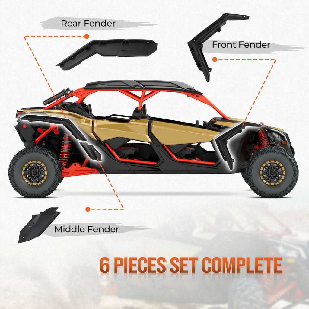 6-piece black fender flare set: front, middle, and rear guards for UTV