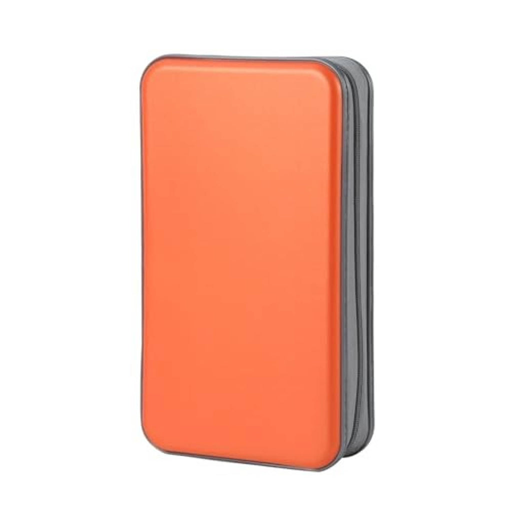 Orange hard-shell CD/DVD case with gray sides and visible zipper