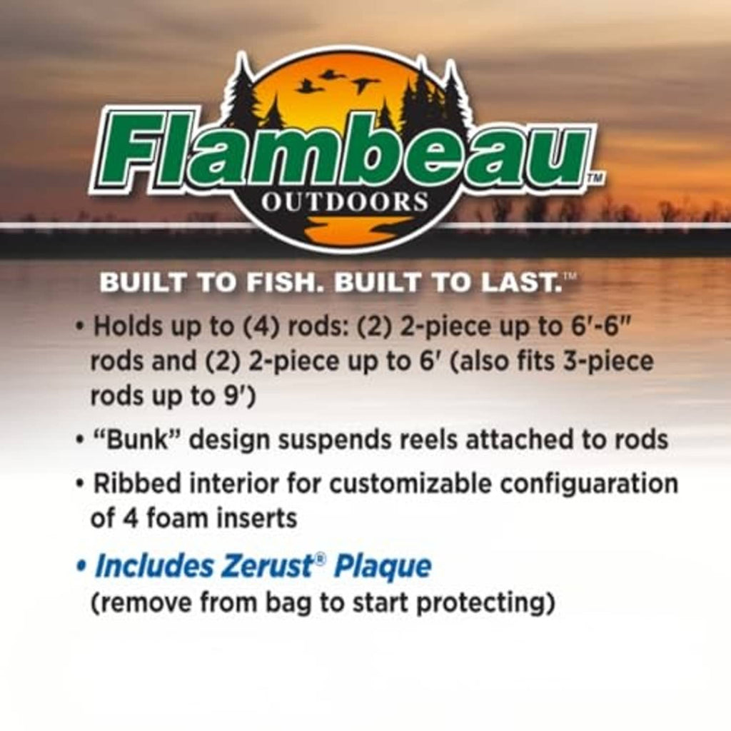 Flambeau Outdoors rod bunk box features card showing capacity and foam insert info.