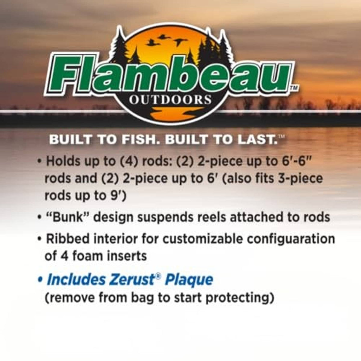 Flambeau Outdoors rod bunk box features card showing capacity and foam insert info.