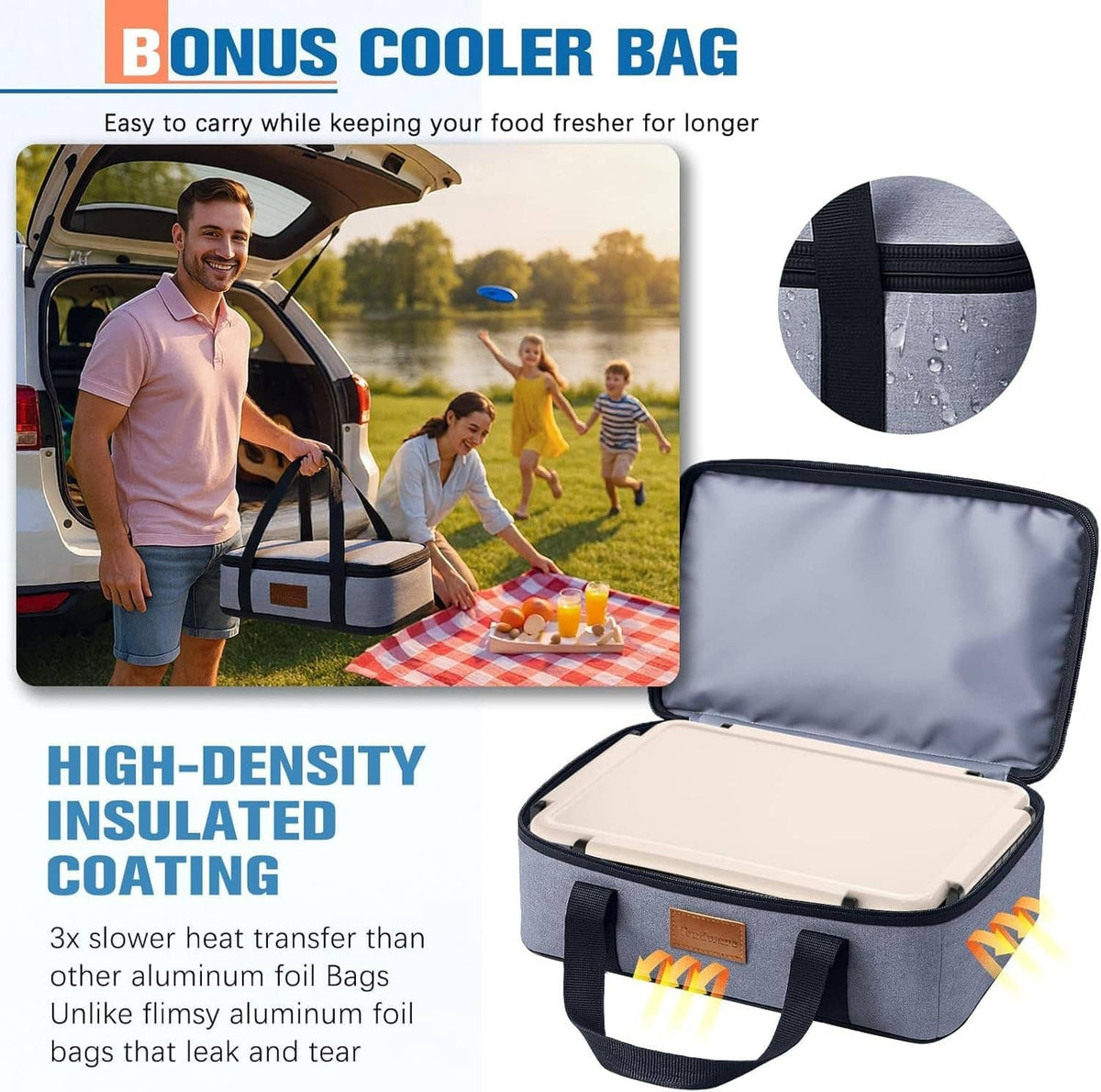 Insulated cooler bag with open snack box lid and carrying strap