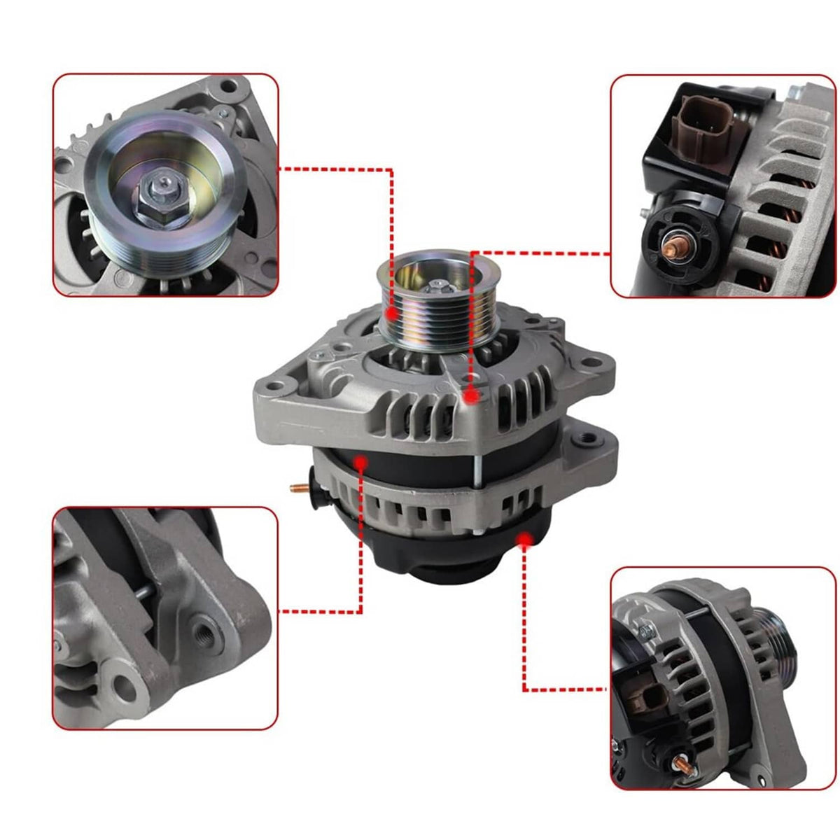 Aluminum alternator with threaded pulley hub and rear electrical connector, front view