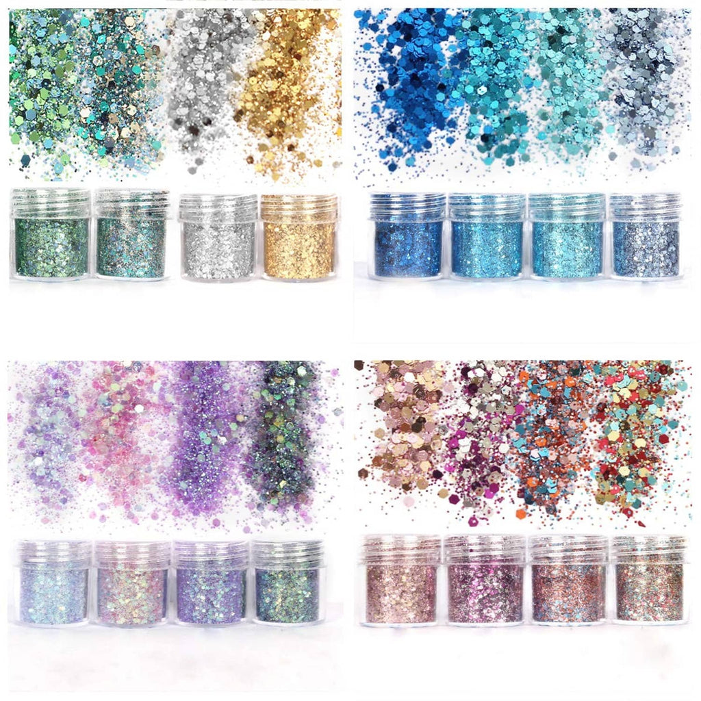 Glitter pigment set in green, silver, gold, and blue jars with chunky sparkle mix