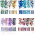 Glitter pigment set in green, silver, gold, and blue jars with chunky sparkle mix