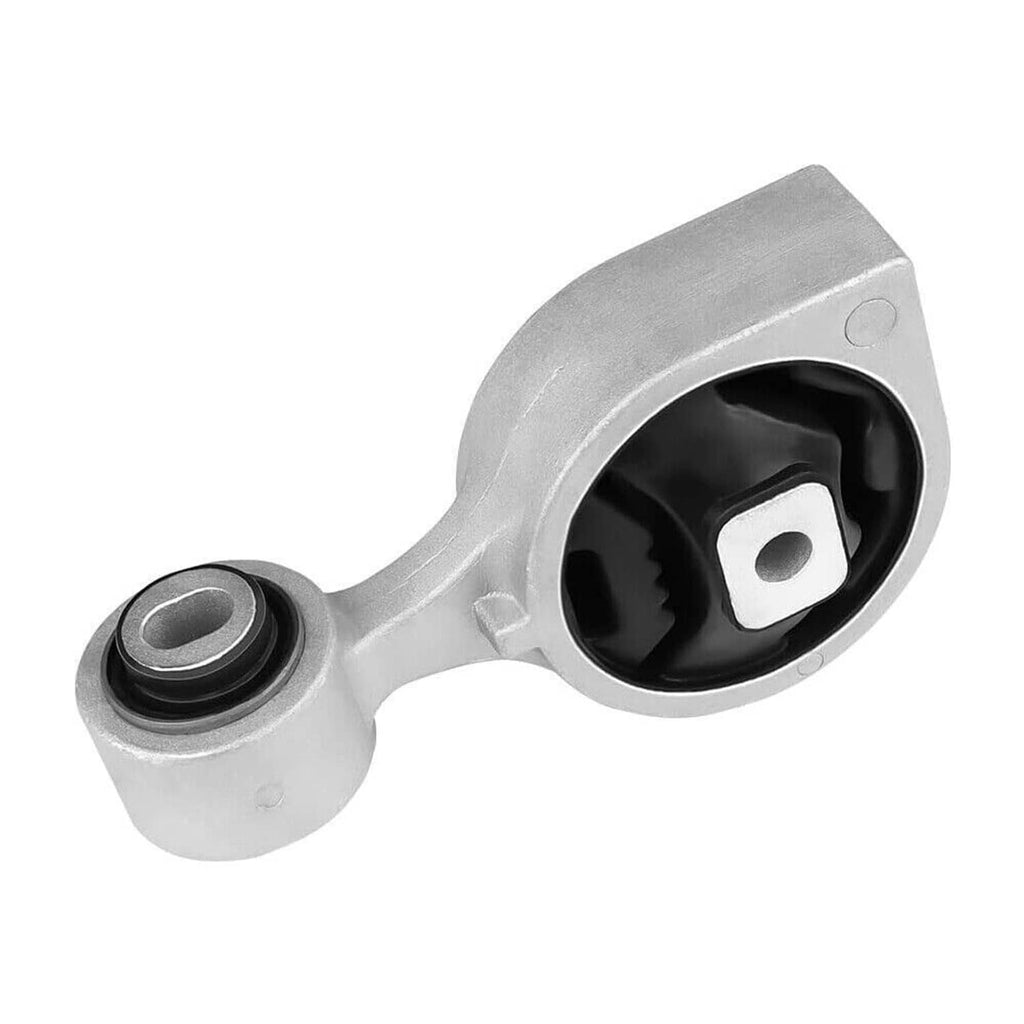Front engine torque strut mount with side bushing, silver bracket and black rubber insert