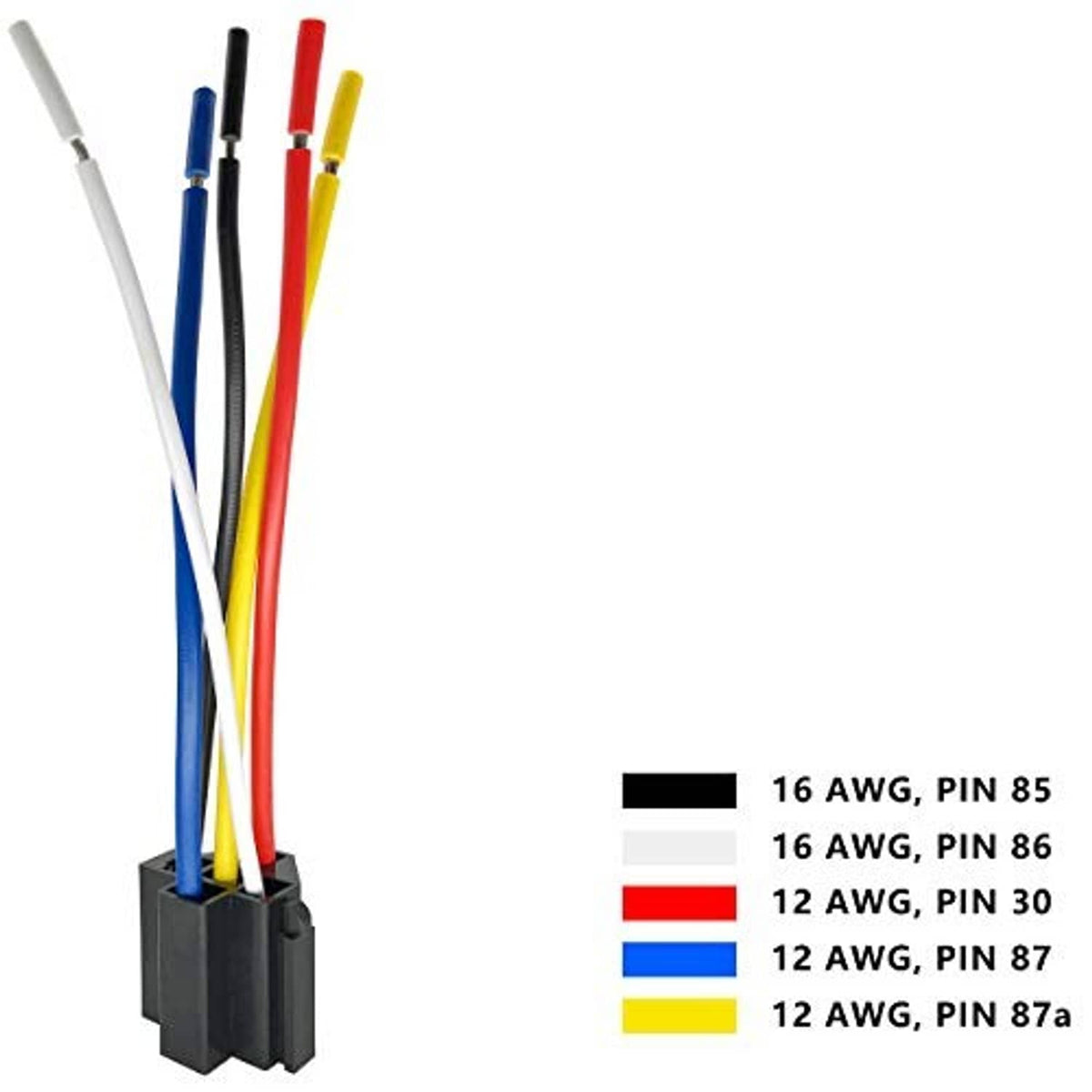 Relay wire harness with color-coded leads, labeled 16 and 12 AWG pins, black connector block