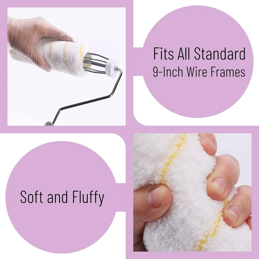 Hand fitting a paint roller cover onto a 9-inch wire frame, white foam with yellow stripe