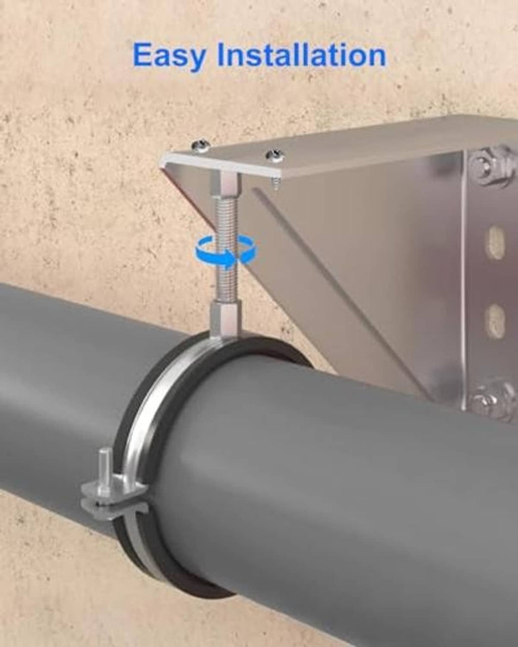 Installed adjustable pipe bracket with black support ring and threaded post on a bracket plate