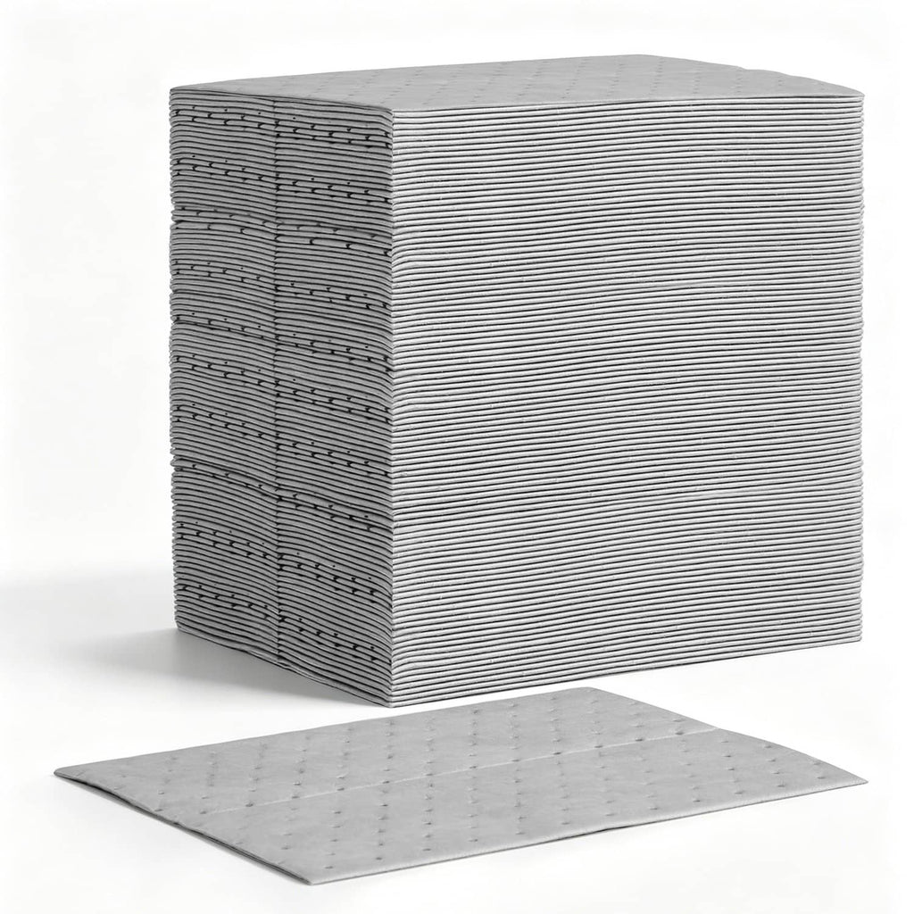 Stack of gray oil and water absorbent pads, 13 x 10 inch sheets