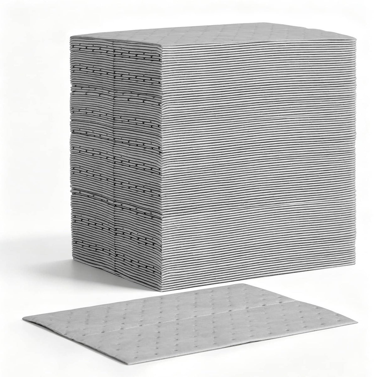 Stack of gray oil and water absorbent pads, 13 x 10 inch sheets