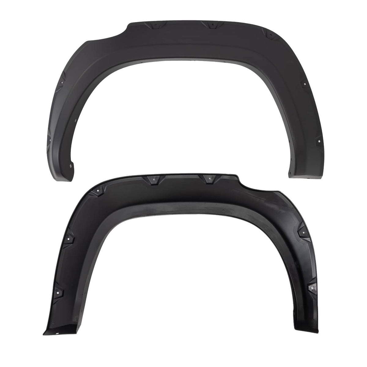 Two black wheel fender flares with molded curve and visible mounting hole tabs