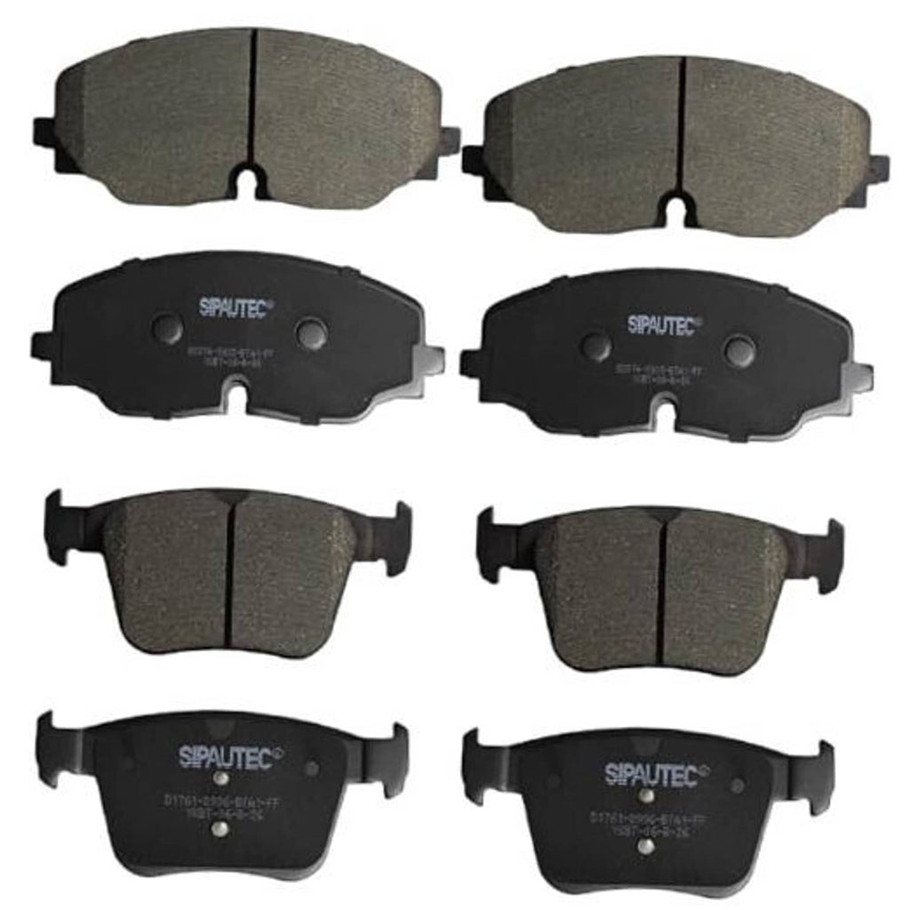 Gray ceramic brake pads set with metal backing clips for front and rear
