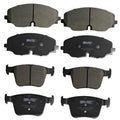 Gray ceramic brake pads set with metal backing clips for front and rear