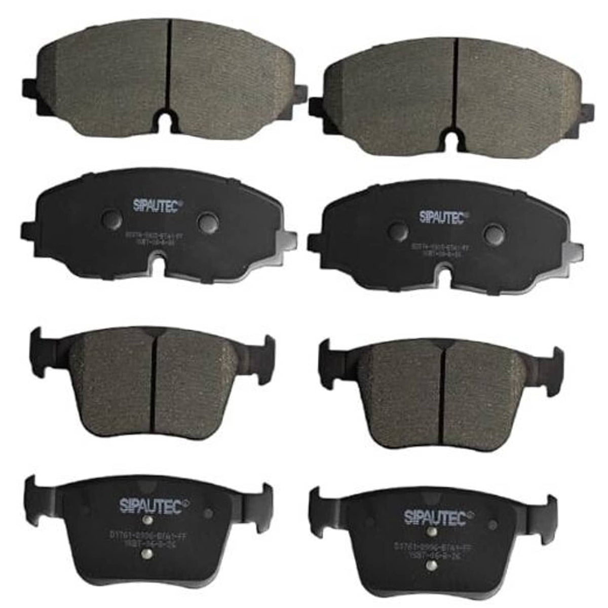 Gray ceramic brake pads set with metal backing clips for front and rear