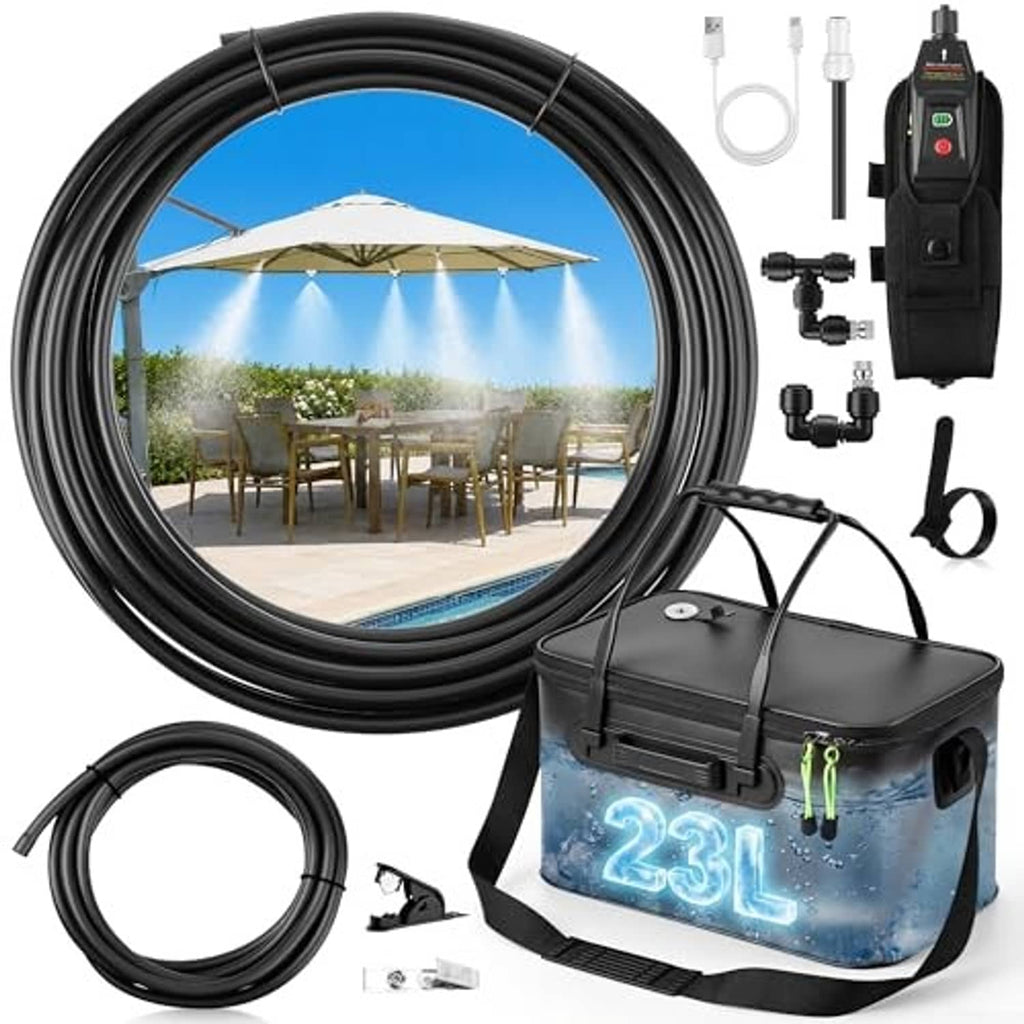 Portable outdoor misting system kit with black coiled hose, pump, nozzles, and bucket
