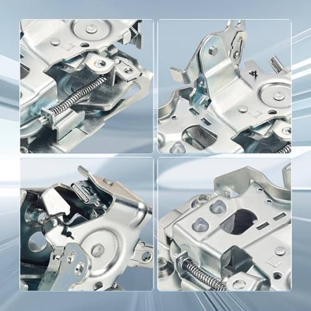 Door latch assembly close-up, silver metal with spring linkage and latch plate