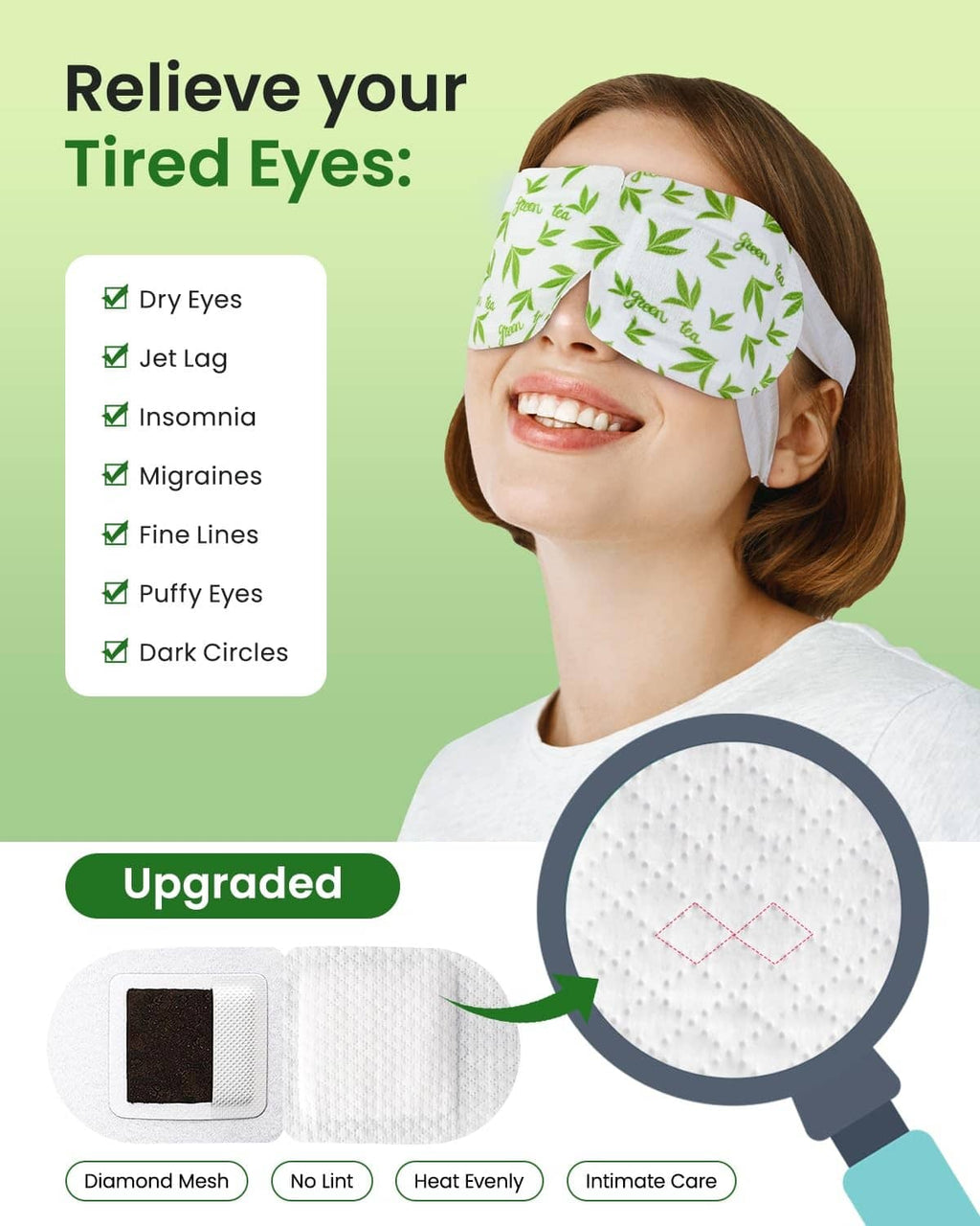 Green tea steam eye mask on a woman, white pad with green leaf pattern