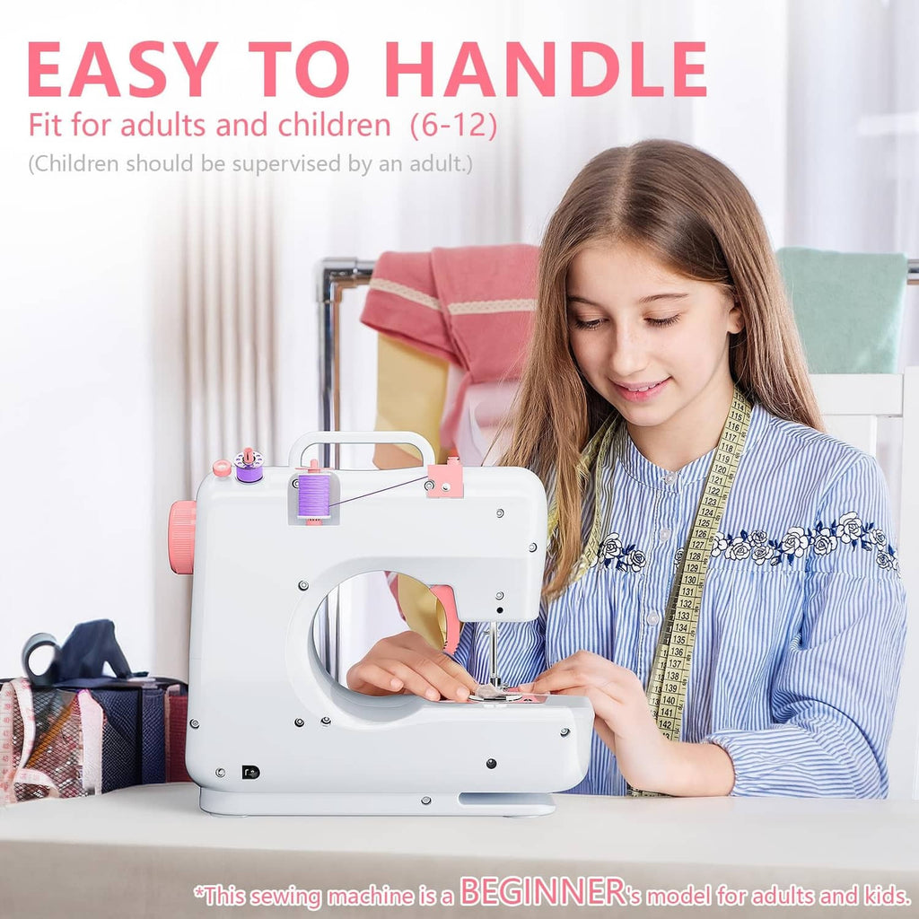 Portable electric sewing machine with pink parts, used by a child at a desk