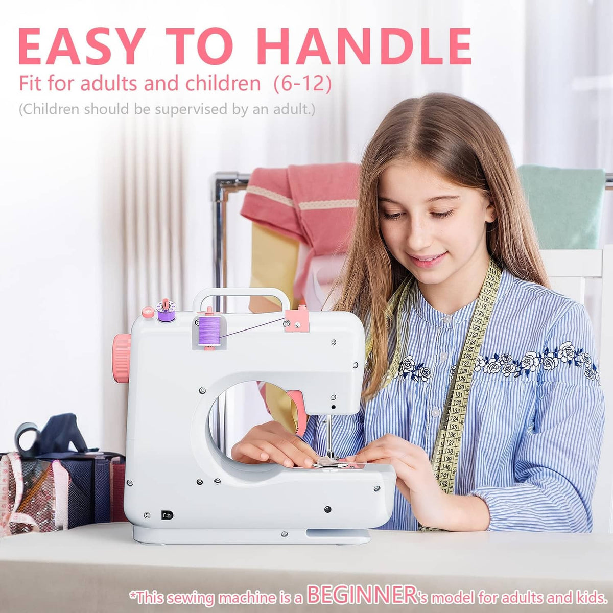 Portable electric sewing machine with pink parts, used by a child at a desk