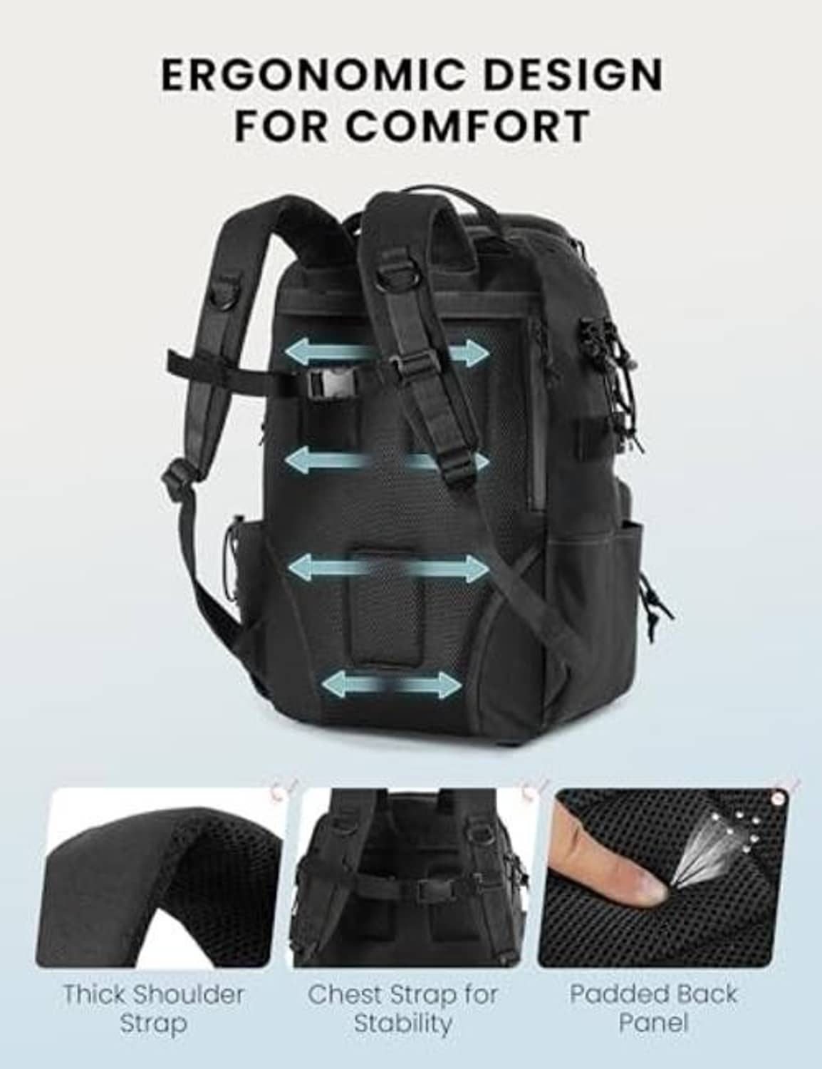 Black fishing tackle backpack back view with padded shoulder straps and adjustable chest strap