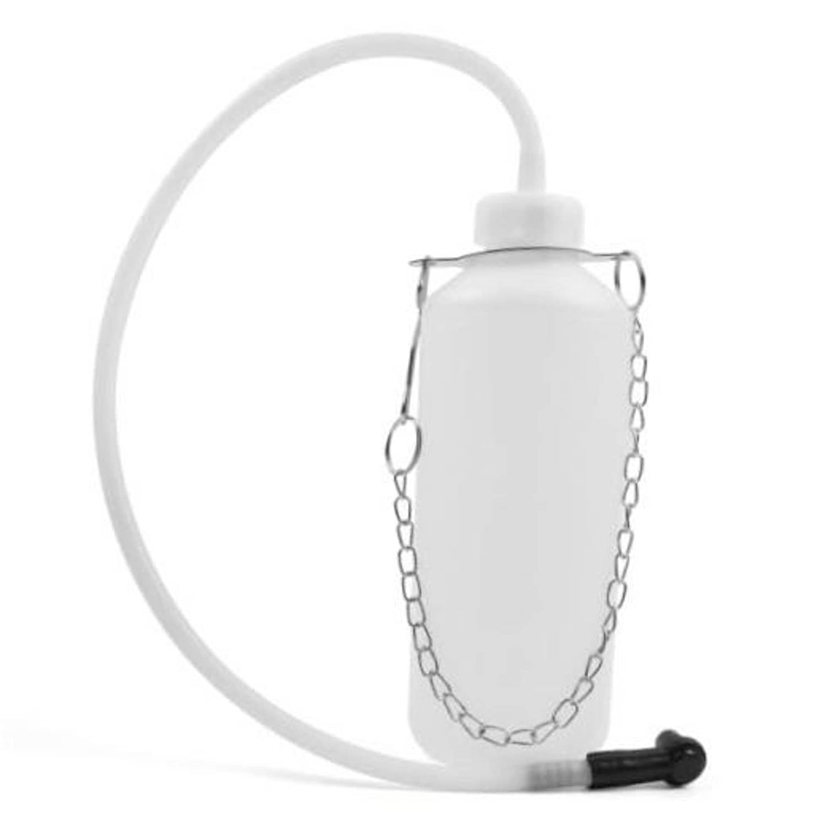 Brake fluid bleeder bottle with hose loop, metal handle, and chain lanyard