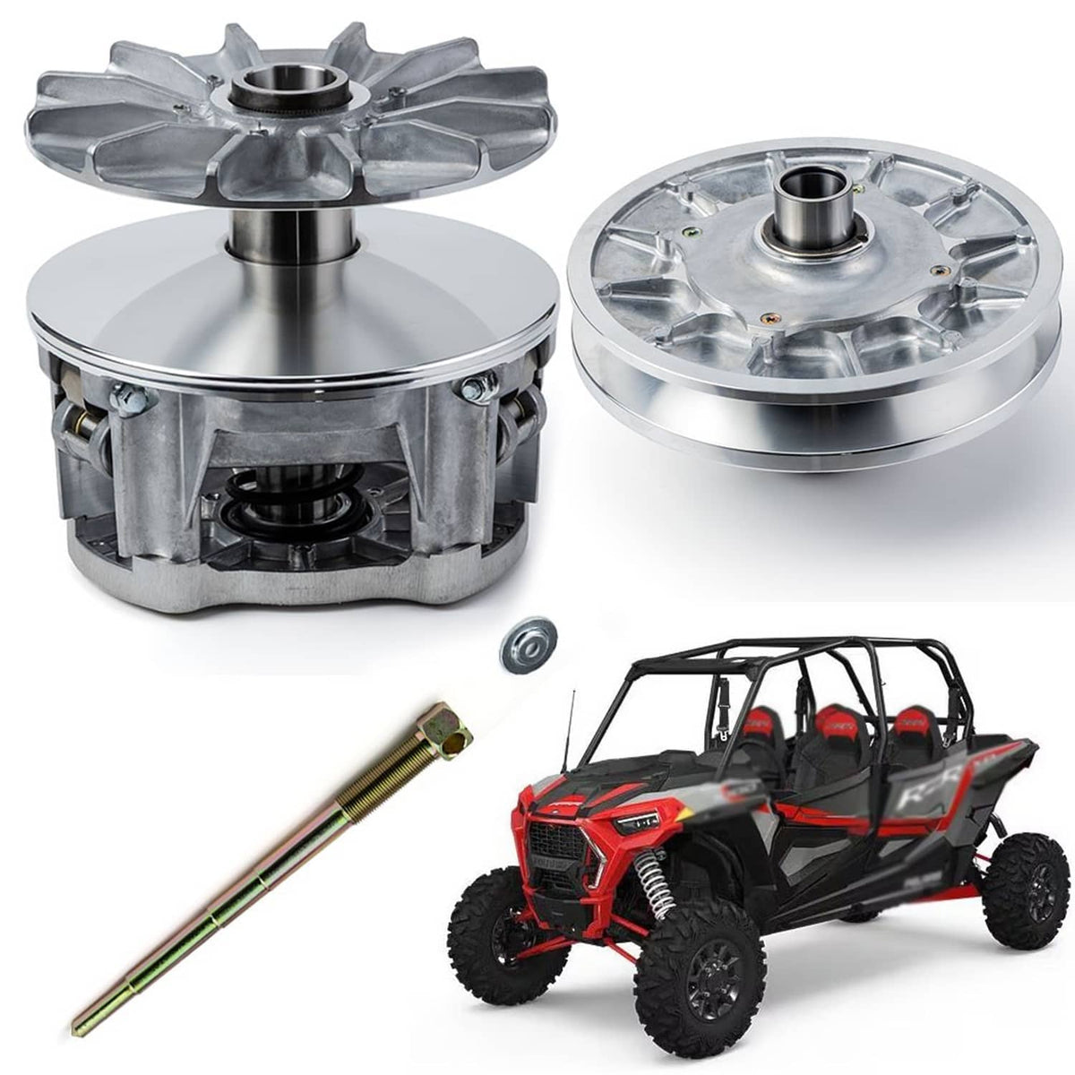 Aluminum clutch pulley pair with central hubs and tool rod, silver metal