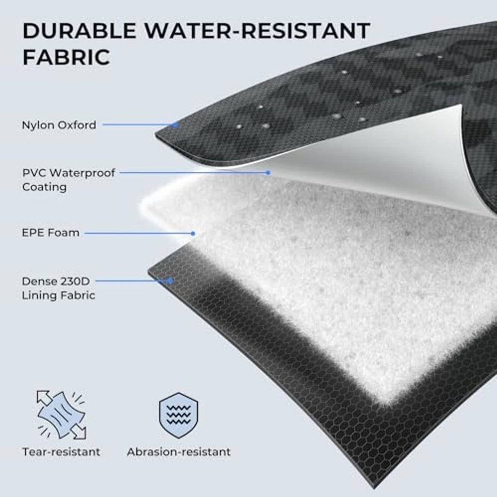Water-resistant black camo fishing bag fabric layers with abrasion-resistant coating