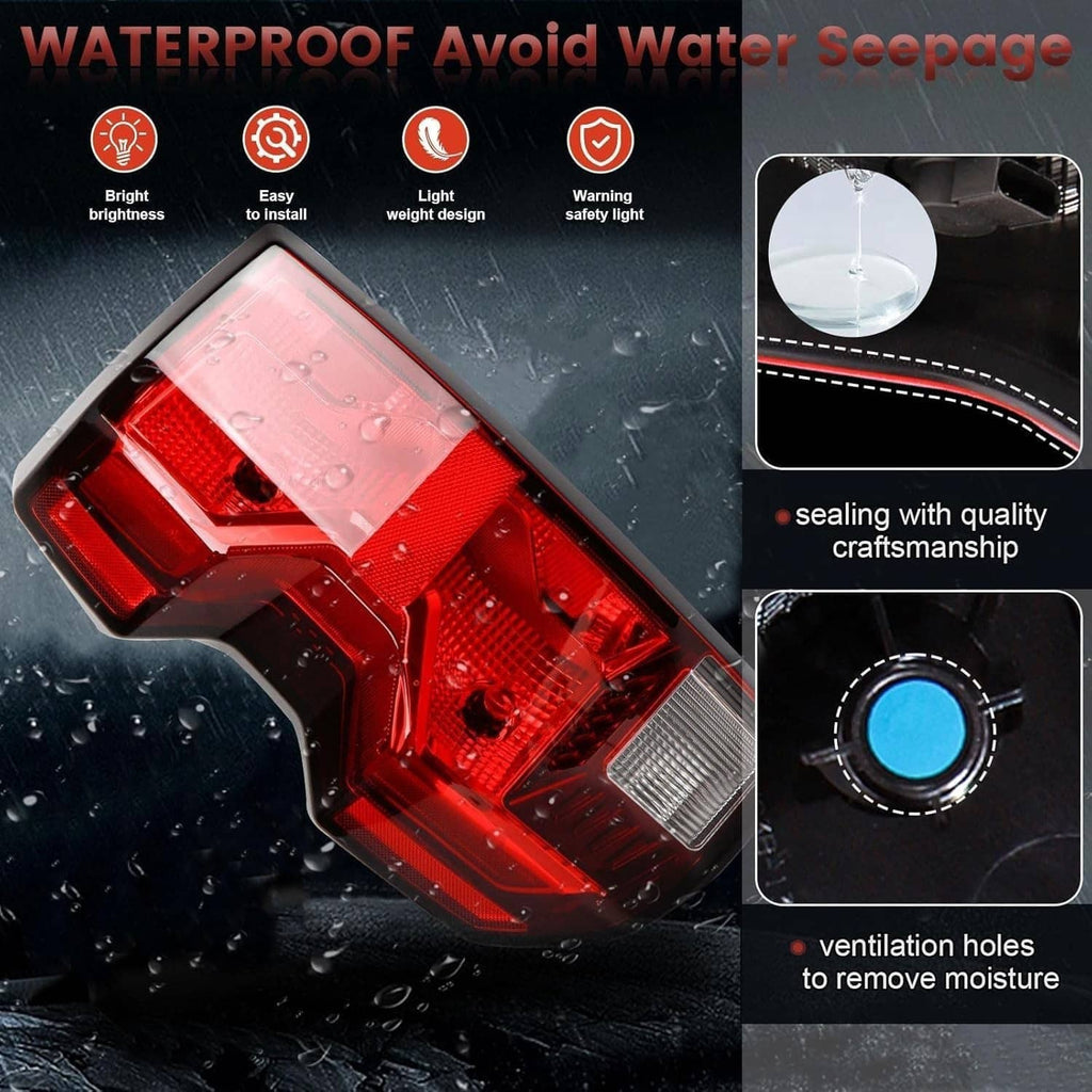 LED tail light with red lens and clear lower reflector, shown with water droplets
