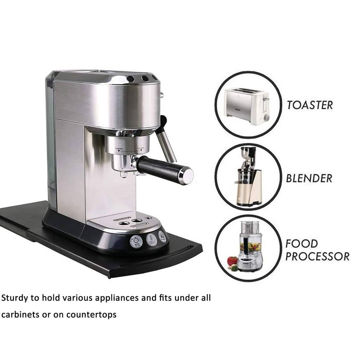 Black sliding tray mat with curved edge, used under countertop coffee appliances