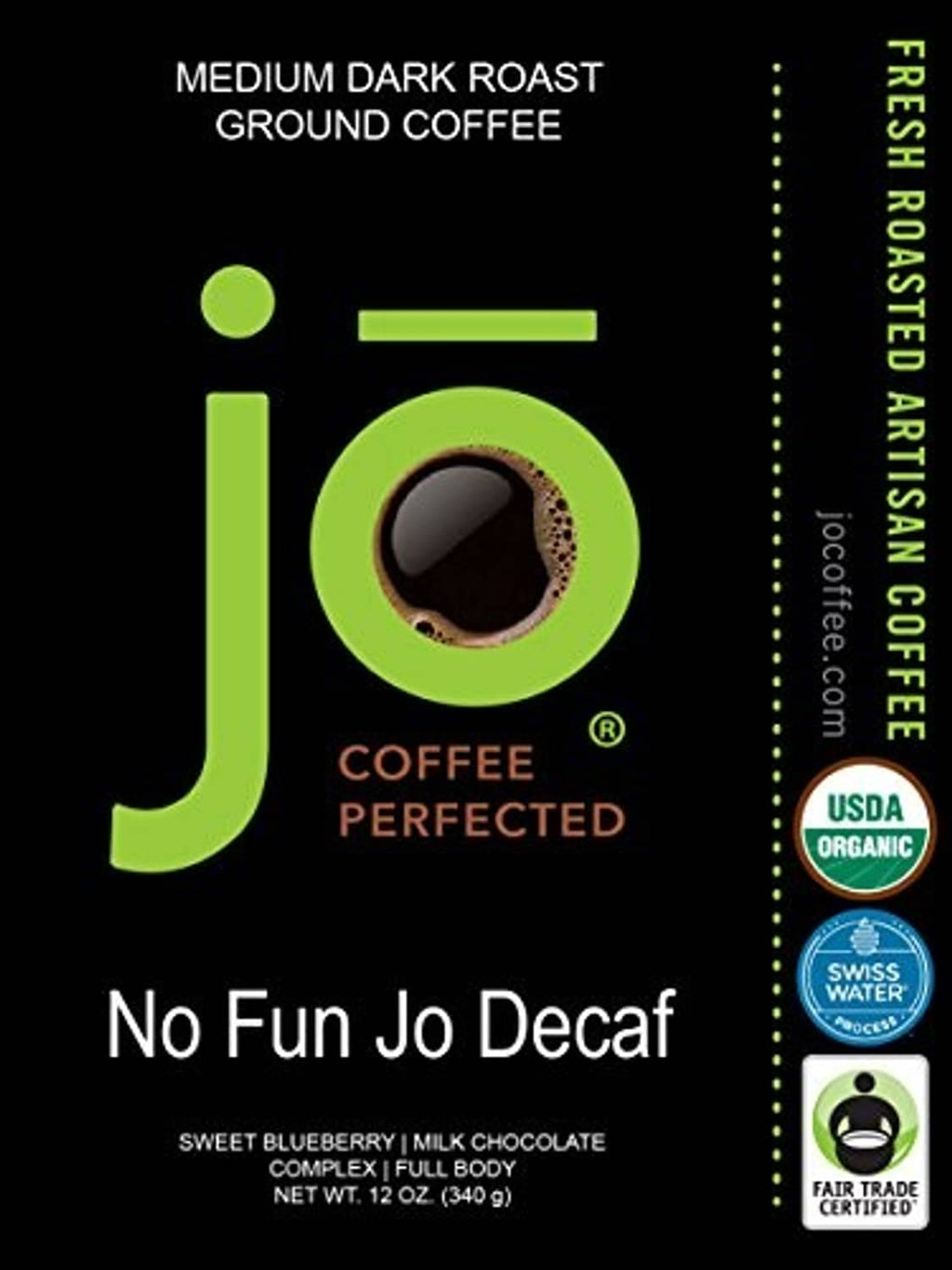 Decaf ground coffee bag label with roast info and certification icons