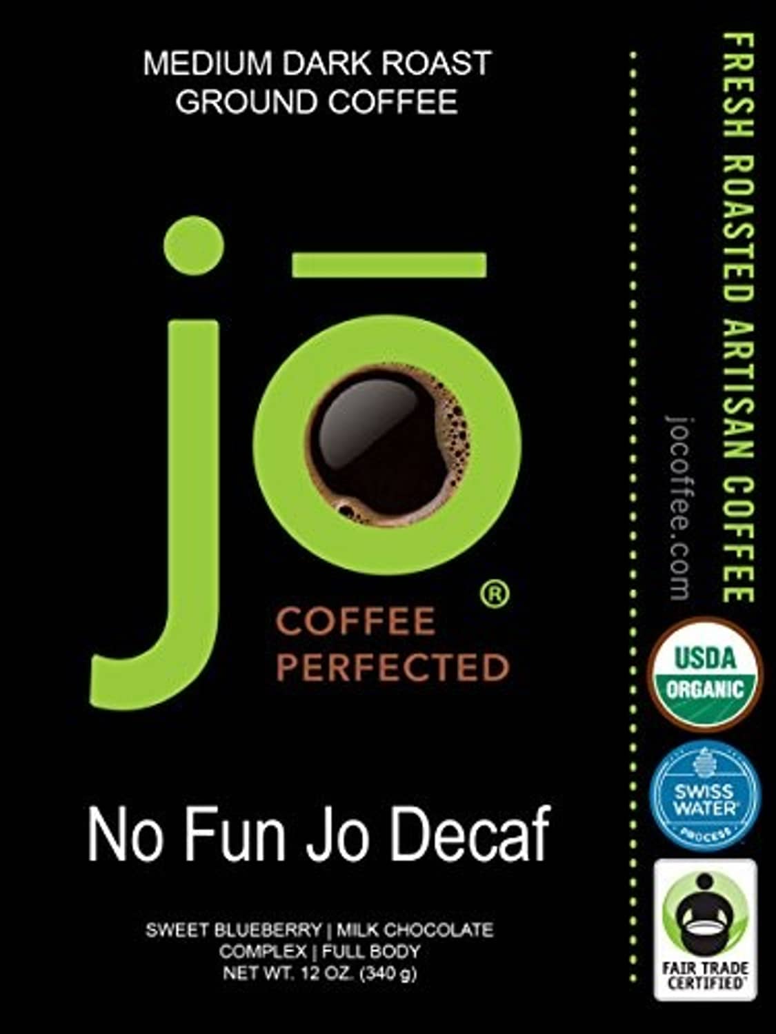 Decaf ground coffee bag label with roast info and certification icons