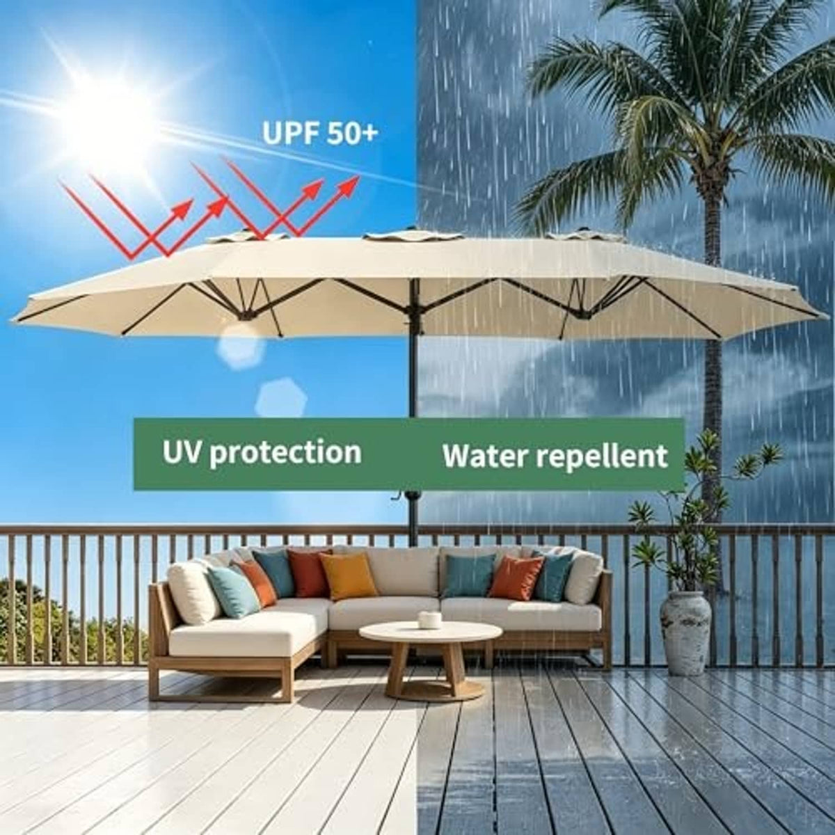 Beige patio umbrella canopy on center pole, open with segmented panels