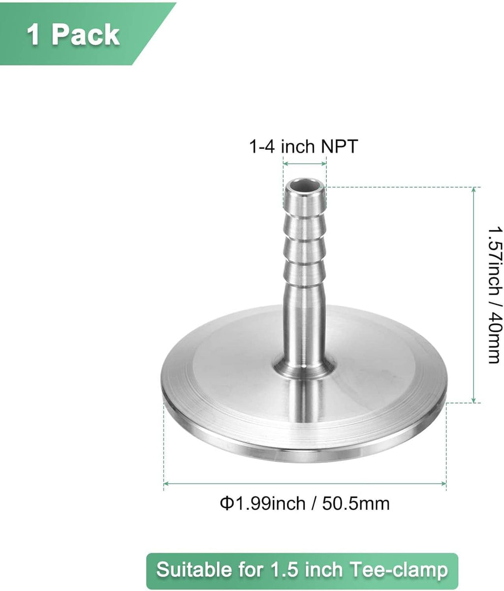 Stainless steel 1-4 inch NPT barbed hose adapter fitting, flat circular base