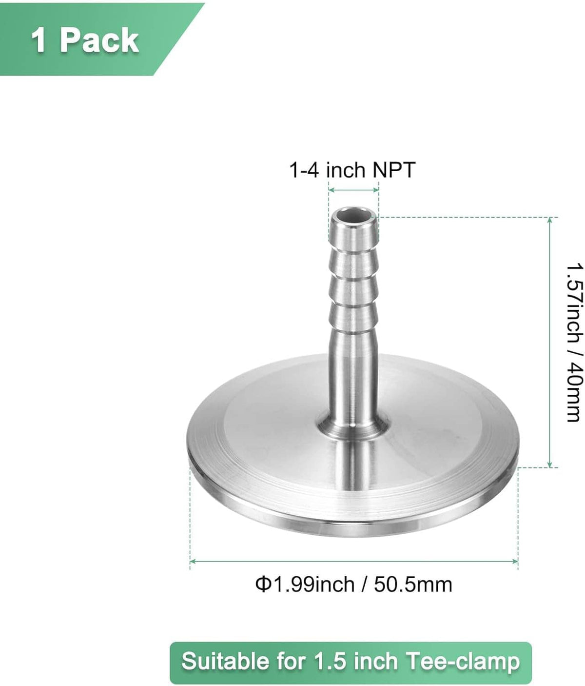 Stainless steel 1-4 inch NPT barbed hose adapter fitting, flat circular base