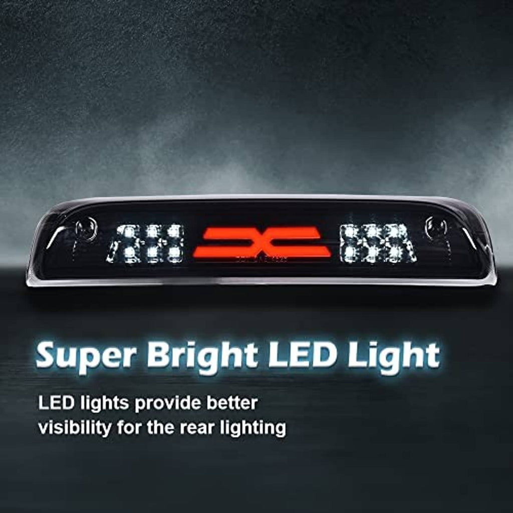 Illuminated tinted LED brake light bar with orange X center and bright white LED blocks