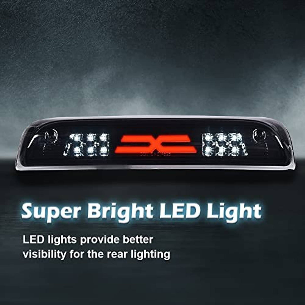 Illuminated tinted LED brake light bar with orange X center and bright white LED blocks