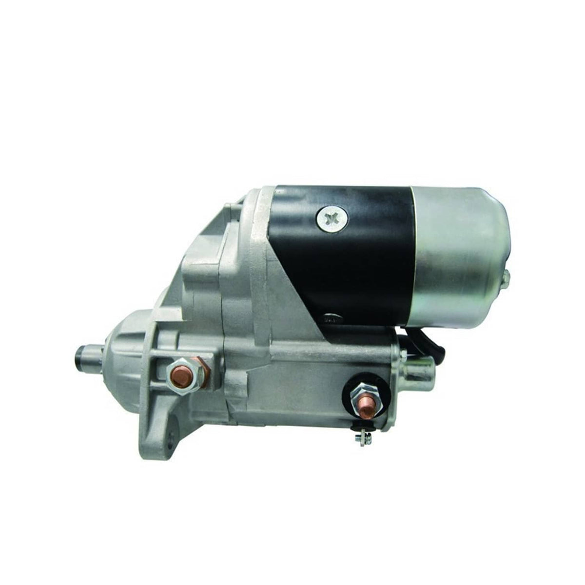 Starter motor side view with silver body, black cylinder band, and mounting points