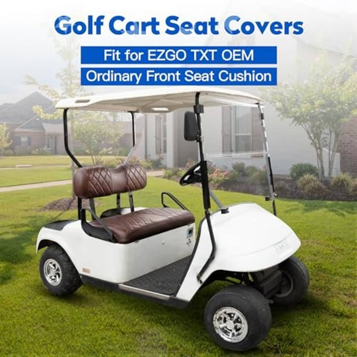 Brown diamond-quilted golf cart seat cover kit on a white golf cart
