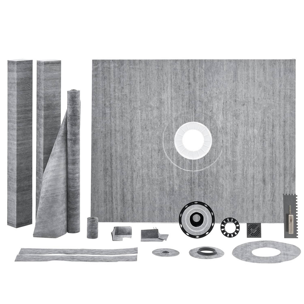 Gray shower curb kit panels with central drain opening, flange ring, and gasket set
