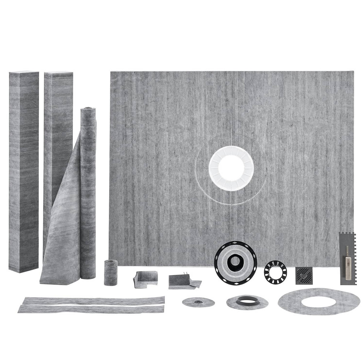Gray shower curb kit panels with central drain opening, flange ring, and gasket set