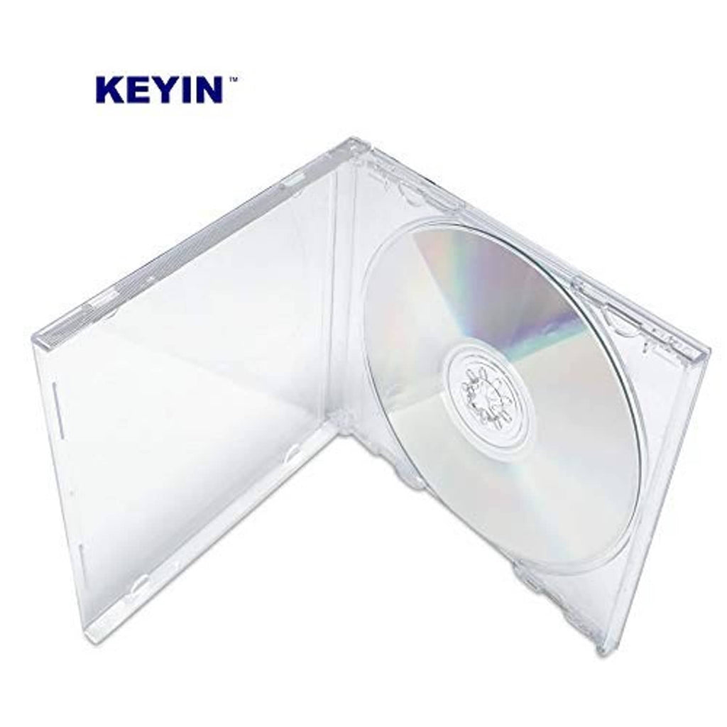 Clear CD jewel case with disc inserted, iridescent disc visible on the tray.